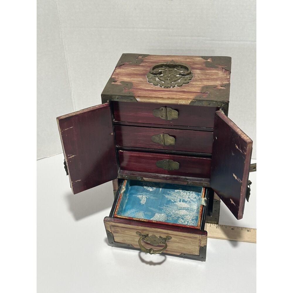 Chinese Wood Brass‎ antique Jewellery Cabinet carved jade box chest gorgeous! - Picture 7 of 11